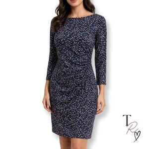 Ann Taylor Ruched 3/4 Sleeve Career Midi Dress Navy Speckle Print Size Small